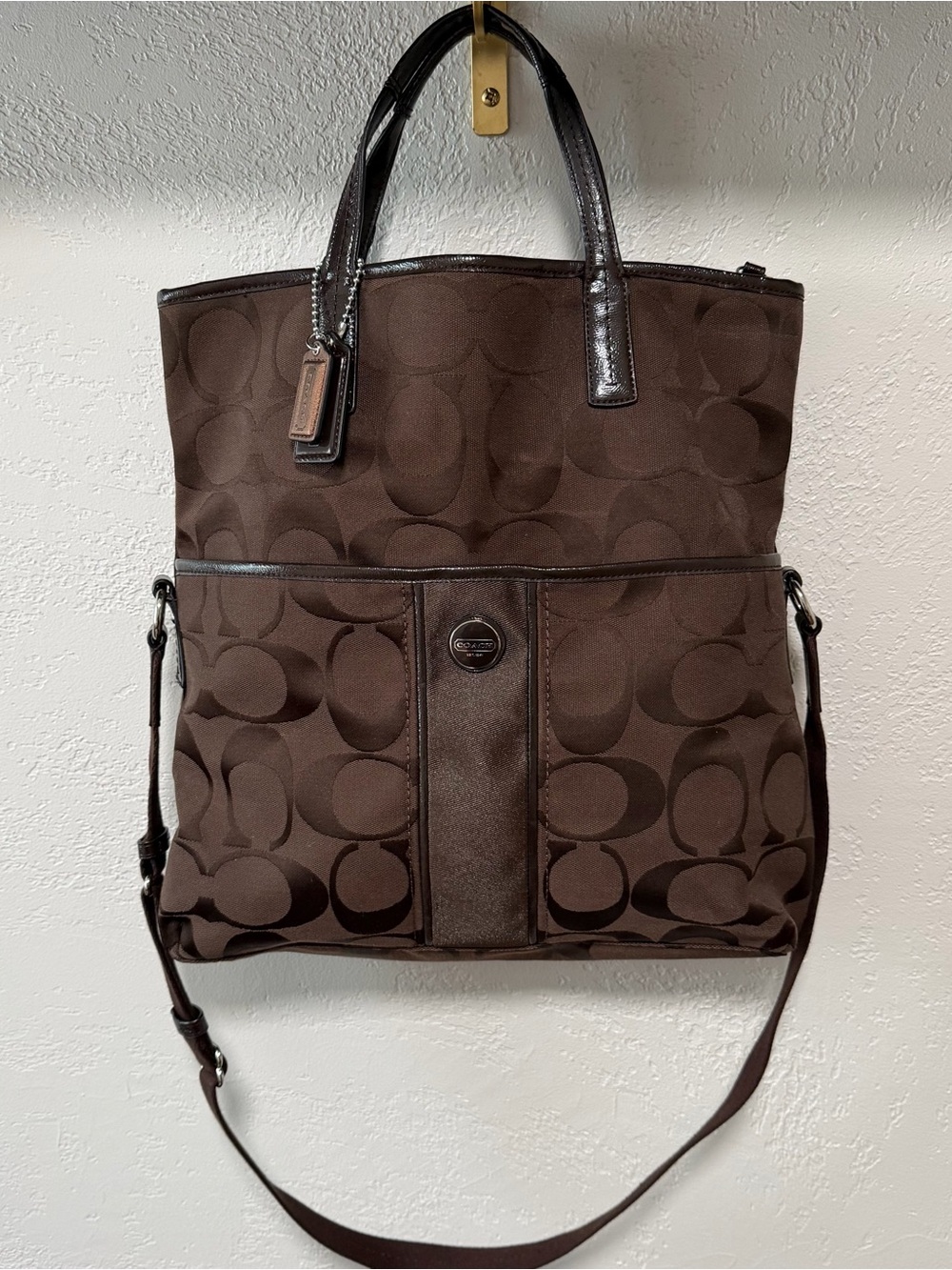 Coach Brown Signature Monogram Fold Over Crossbody Bag
